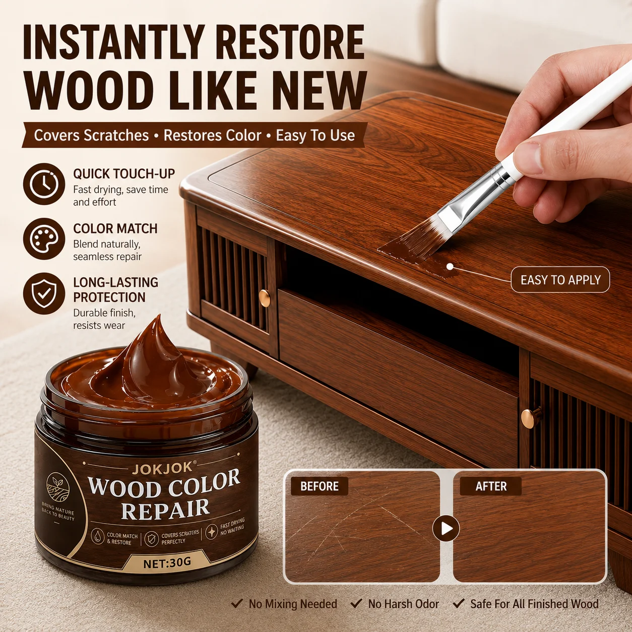 JOKJOK Wood Repair Paste 30G Furniture Scratch Filler Color Restorer For Doors Cabinets Tables Chairs And Wood Trim