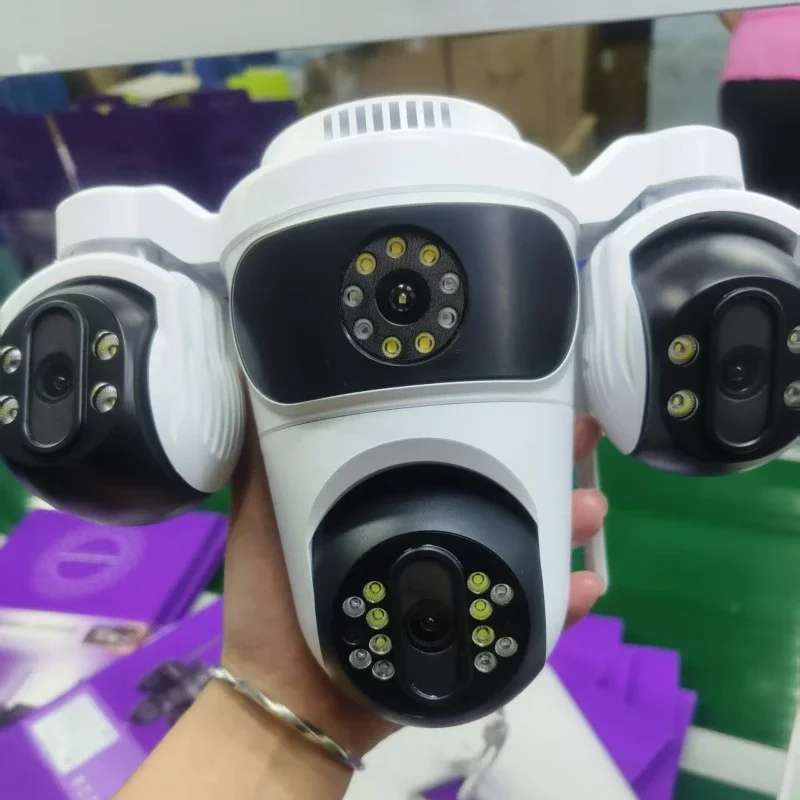 Surveillance HD Wireless Monitor Cam. 15MP 6K WIFI Security Camera 4X Zoom Four Lens Three Screen PTZ Camcorder Human Detection