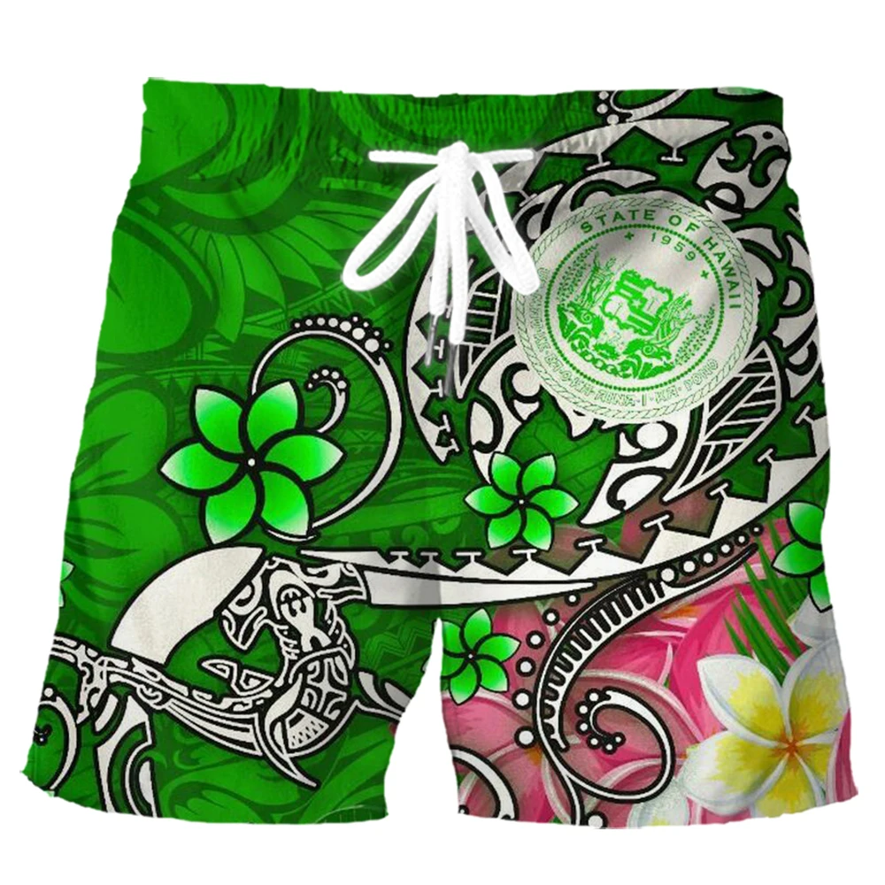 

HX Polynesian Shorts 3D Graphic Hawaii Frangipani Tattoo Printed Board Shorts Casual Sportswear Men Clothing