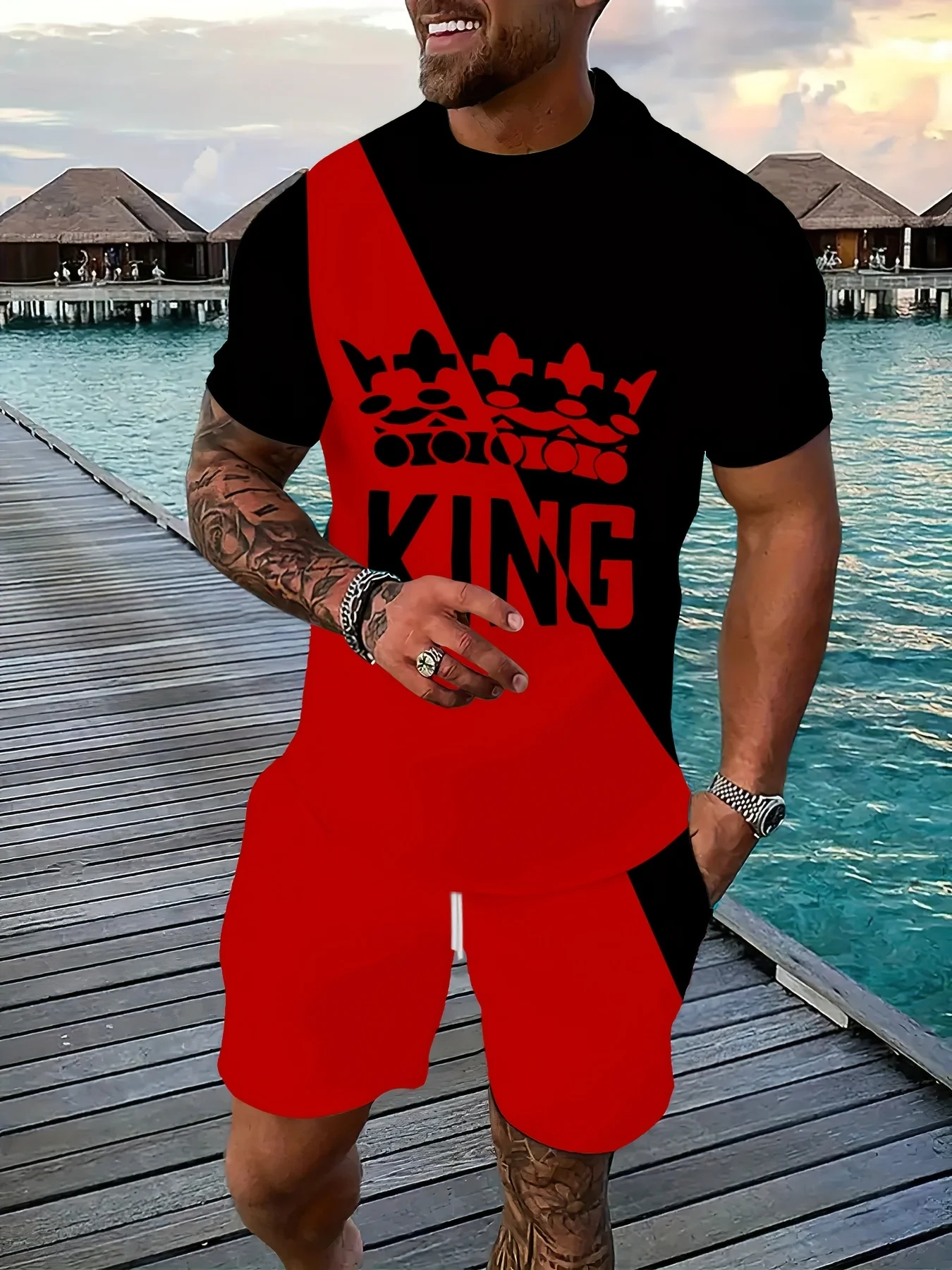 New Summer Men's Set Men's Street King Print T-Shirt Two-Piece Set 3D Printed Casual Wear Loose-Fit Crew Neck Beach Sports Set