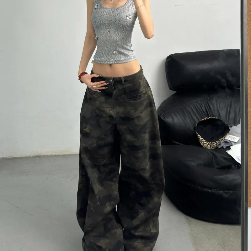 Deeptown Y2k Jeans cargo da donna mimetici vintage Pantaloni in denim dritti a gamba larga oversize Pantaloni hip-hop stile americano Autunno