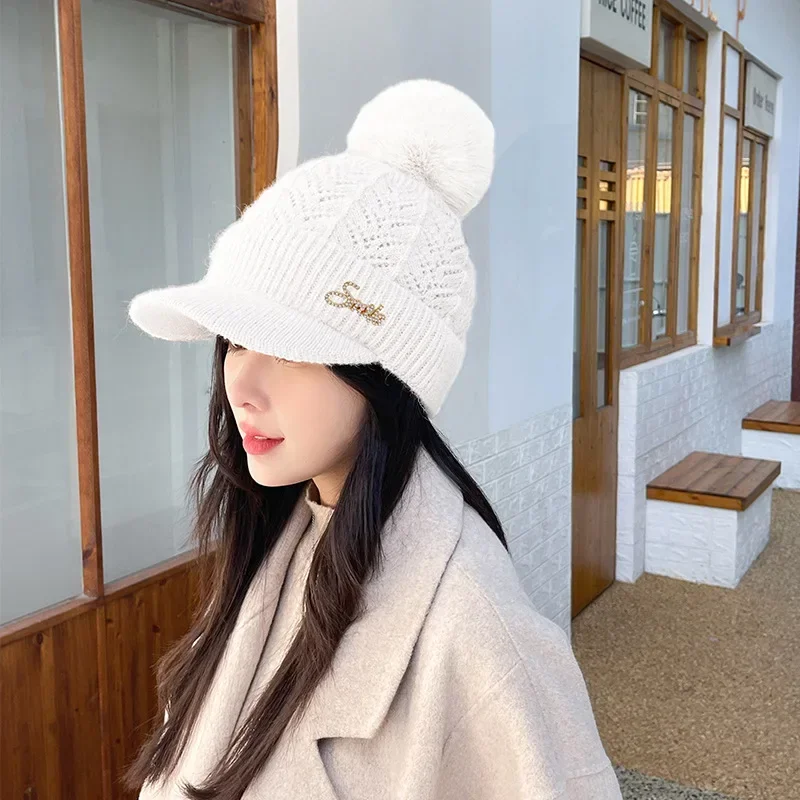 Winter Women Knitted Flat Tongue Hat Autumn Winter Warm Rabbit Hair Letter Warm Baseball Hat Ear Protection Neck Waiver Wool Hat