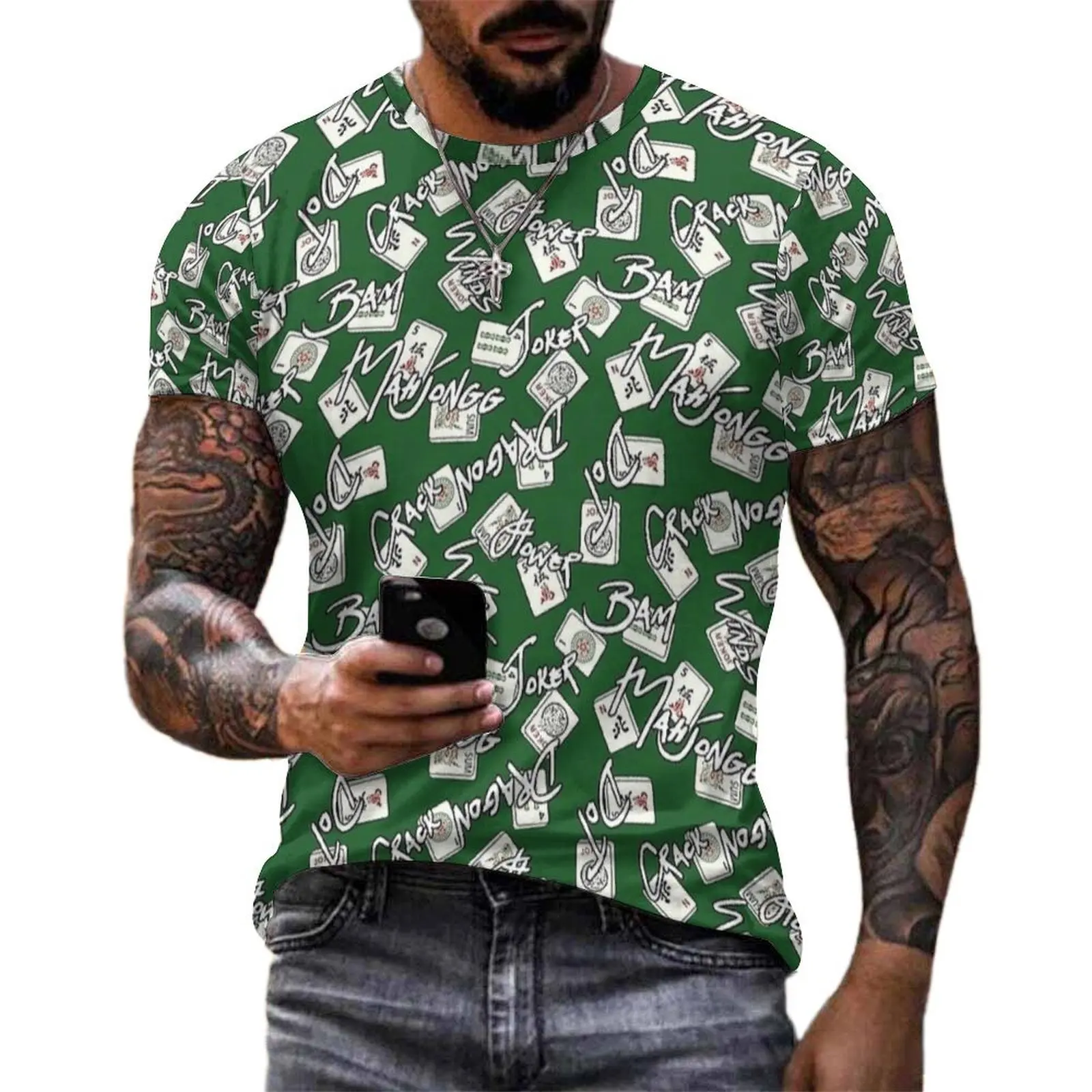 Men Mahjong Gambler Script Print T-Shirt  Harajuku T Shirts Short-Sleeve Design Tops Cheap Premium Kawaii Oversized Tees