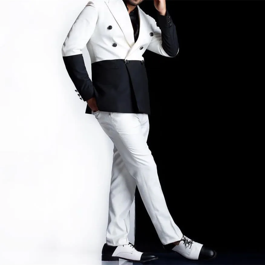 Splicing Men Suit 2 Pieces Business Blazer Pants Double Breasted Fashion Wedding Groom Formal Work Wear Party Causal Customized