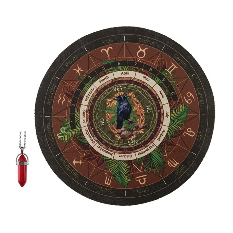 Pendulum Board and Crystal Dowsing Pendulum Necklace Set Rubber Divination Board Witchcraft Supply for Party Board Game