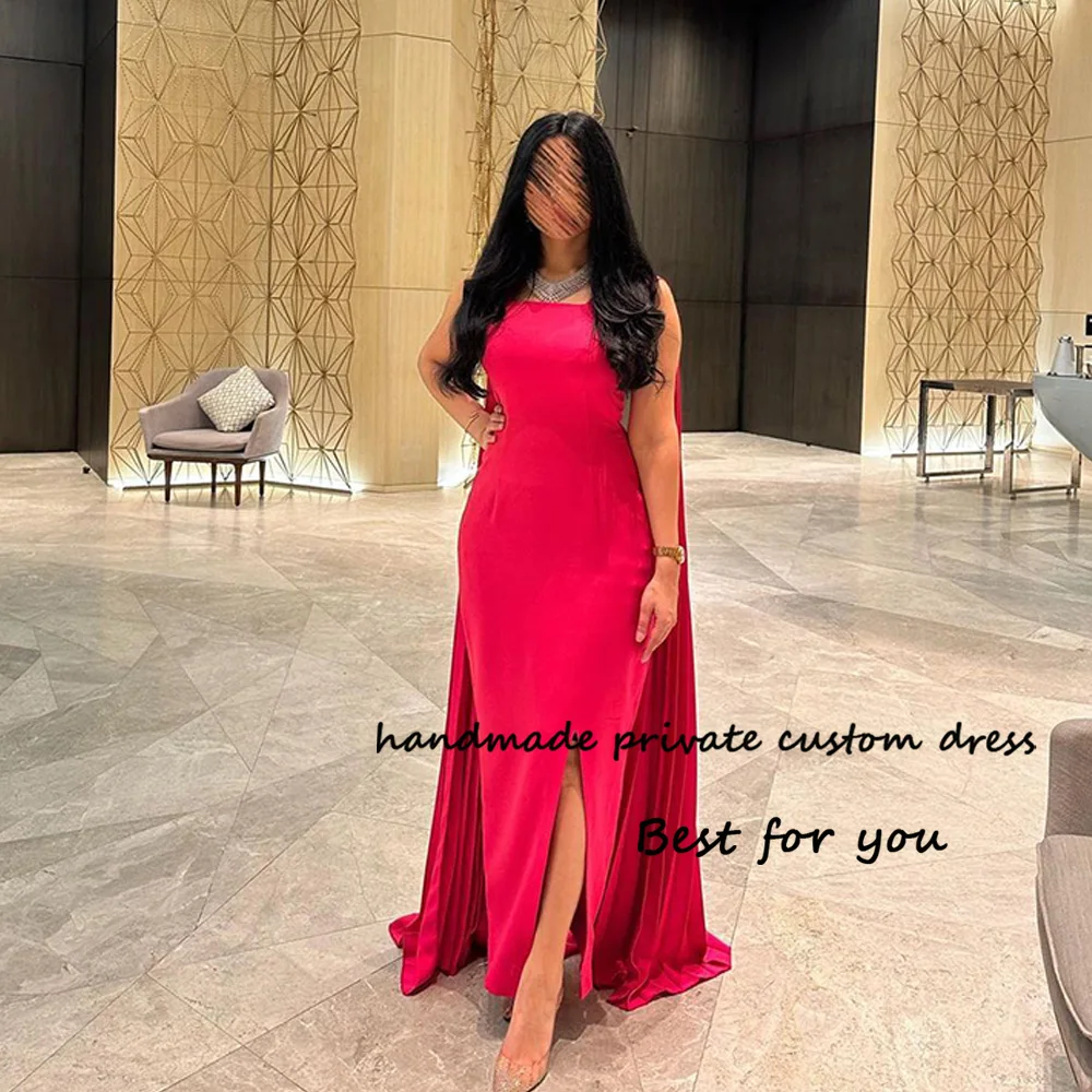 

Hot Pink Satin Mermaid Evening Dresses with Cape Elegant Dubai Arabia Formal Dress with Slit Long Wedding Guest Gowns