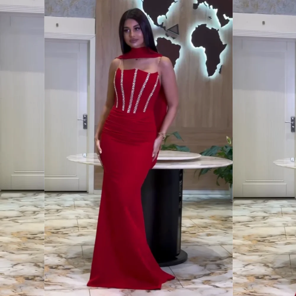 Customized Jersey Rhinestone Strapless Charming Mermaid Long Dresses Bespoke Occasion Women's Evening Elegant Party