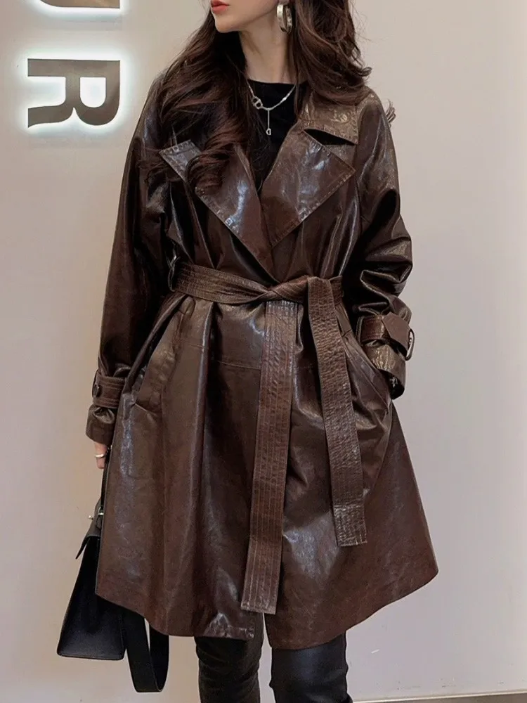 Cappotto da giacca in vera pelle di lusso da donna chic in stile coreano Cappotto da giacca a vento con colletto dentellato medio lungo Capispalla in vera pelle di pecora