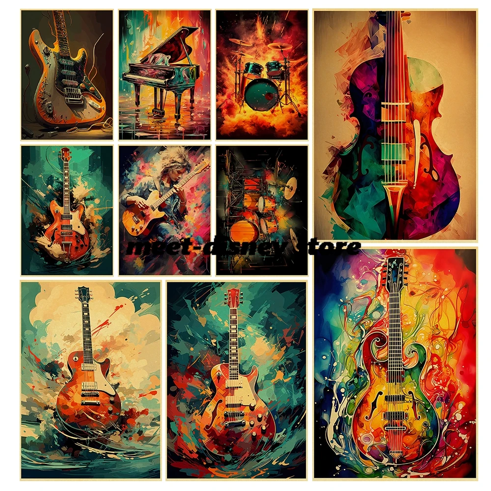 Musical Instrument Groups - เครื่องดนตรีศิลปะหลากสีสันกลุ่มกลองจีโปสเตอร์กระดาษคราฟท์ย้อนยุคพิมพ์ภาพศิลปะสเก็ตบอร์ดของขวัญโปสเตอร์ติดผนัง