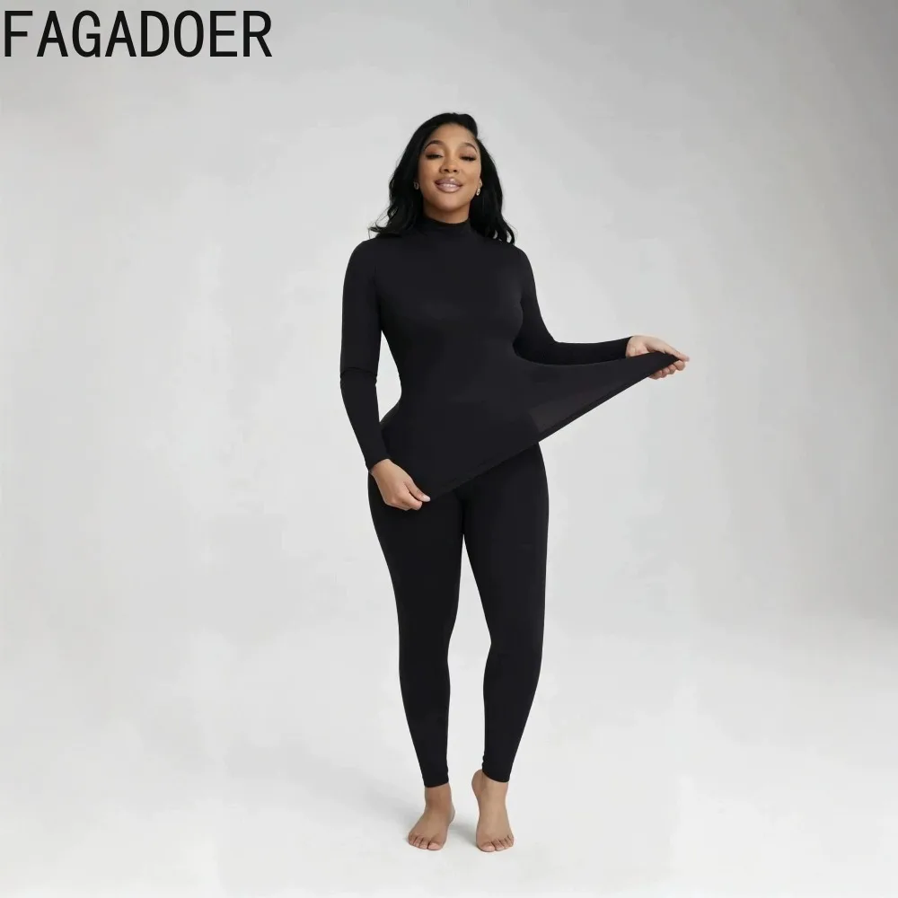 FAGADOER Women 2 Piece Base Layer Set Semi Sheer Turtleneck Long Sleeve Crop Top and Stretch Leggings Slim Fit Outfit Autumn New