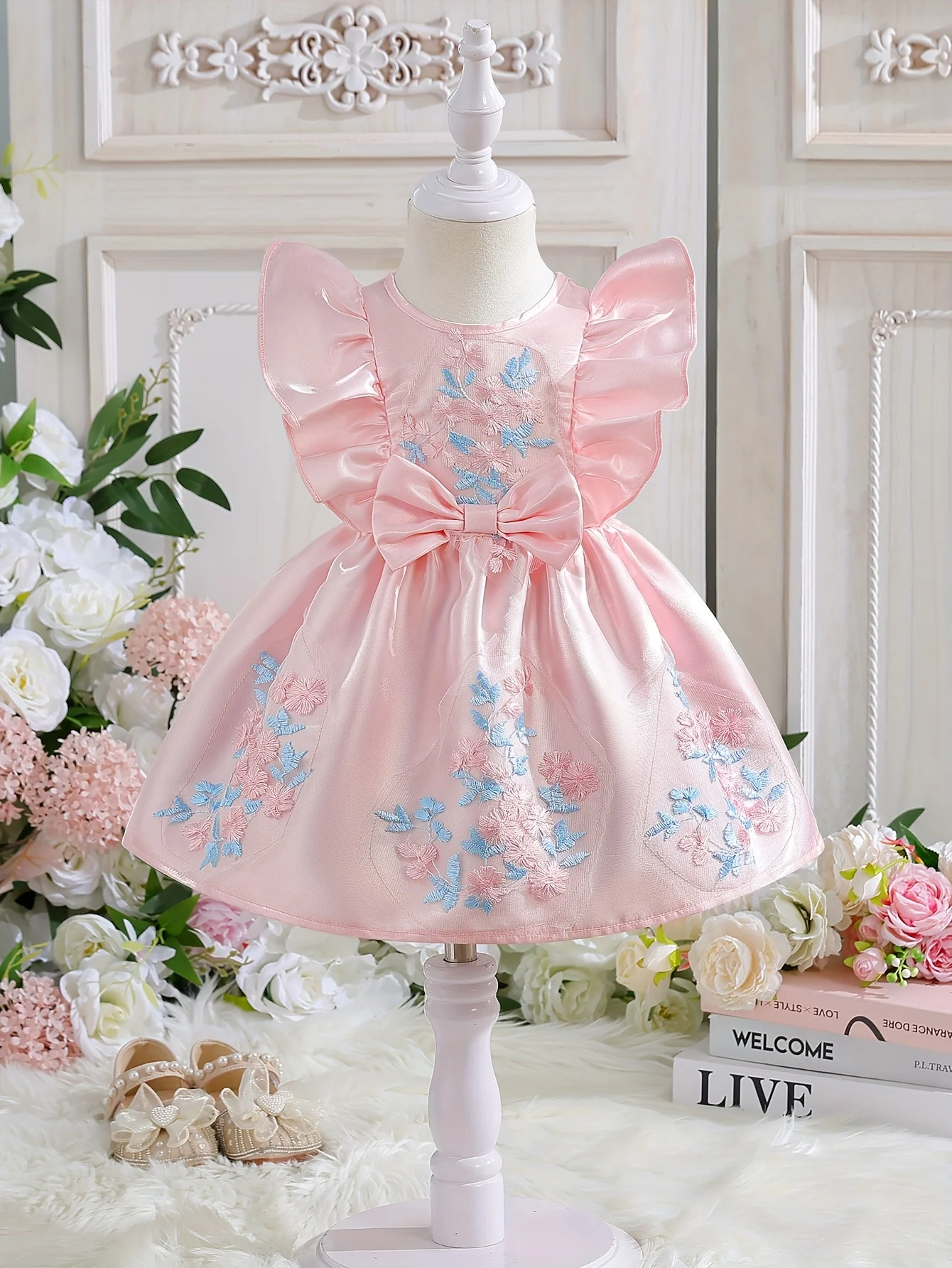 

Summer Baby Girl Pink Butterfly Sleeve Bow Decor Dress Valentine's Day Exclusive Cute Outfit Valentine/Birthday Gift