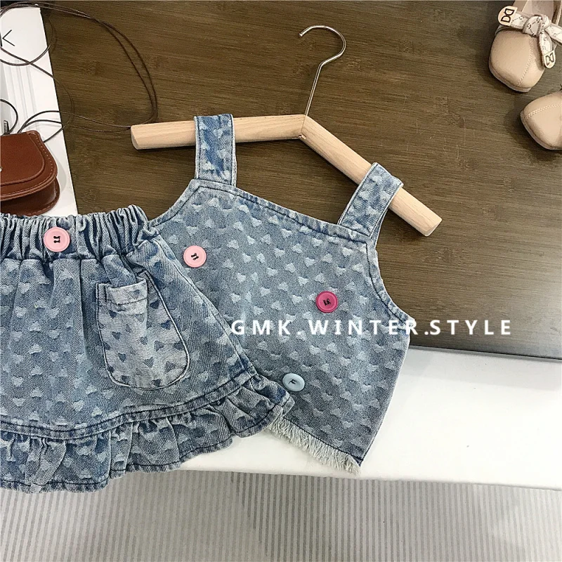 

Summer Girls' Denim Vest and Skirt Set Baby Girl Button Strap Ruffled Skirt Two-Piece Trendy