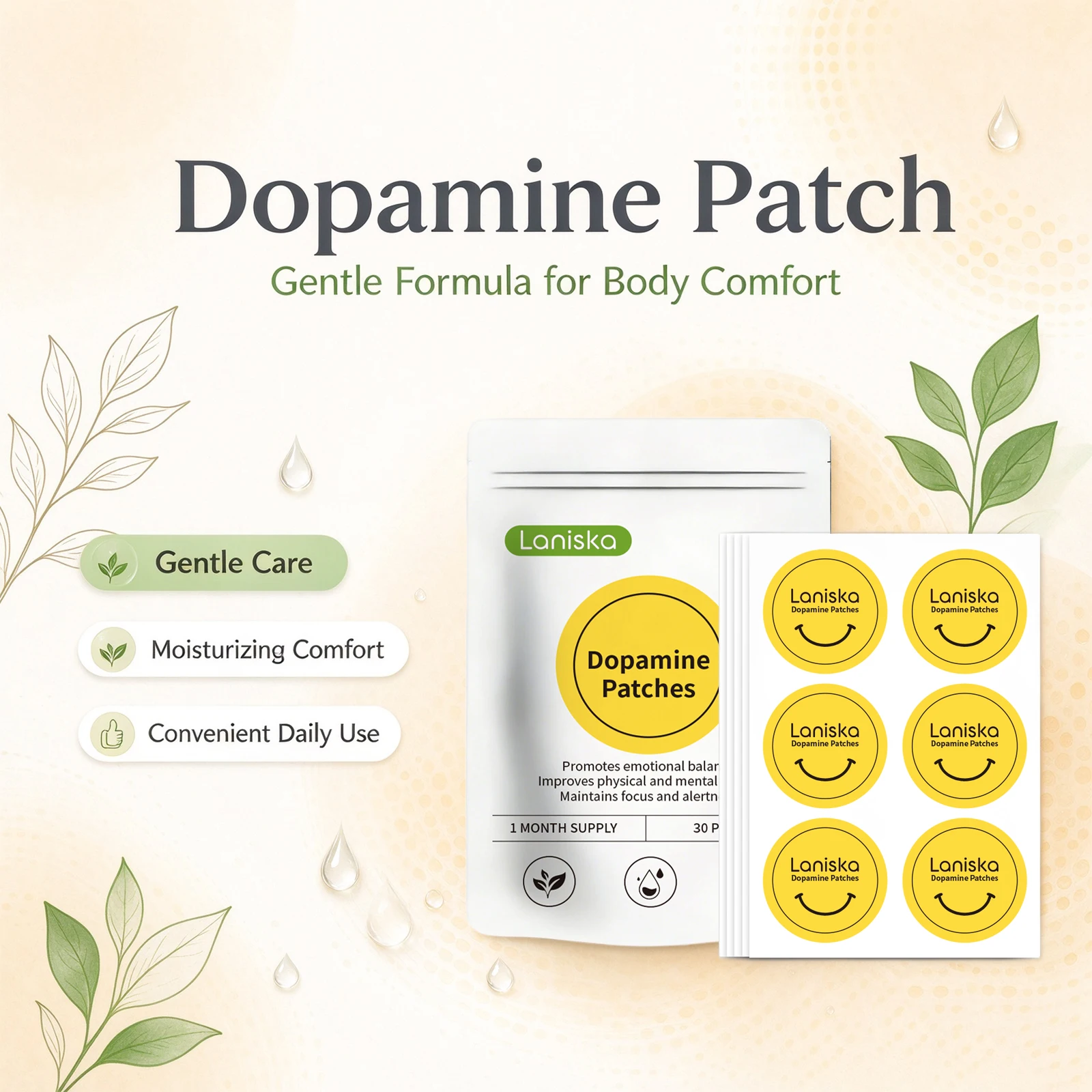 Laniska Dopamine Patches 30PCS Body Self‑care Patches Support Emotional Balance Improve Focus Portable Wellness Stickers