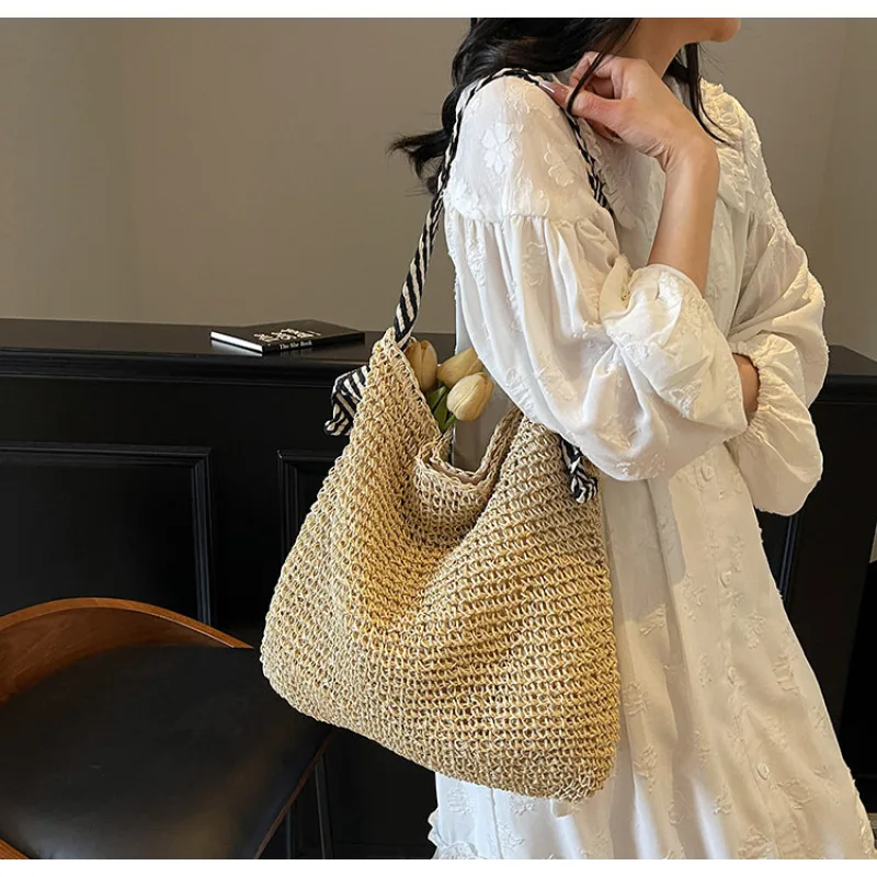 

Женская соломенная сумка на плечо в праздничном стиле, модная сумка на плечо большой вместимости, пляжная пляжная сумка на плечо, тканая повседневная сумка