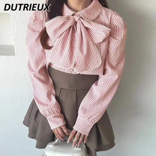 Autumn and Winter New Cute Sweet Girls Blouse Doll Collar Long-sleeved Plaid Shirt Versatile Big Bow Exquisite Women Tops