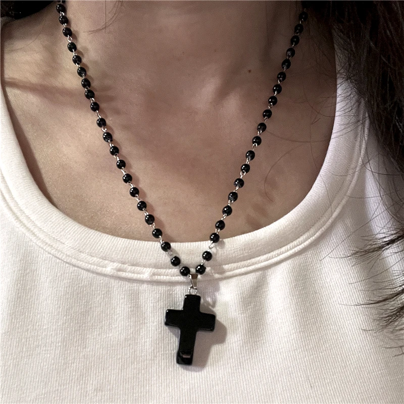 Gothic Vintage Red Glass Cross Pendant Black Bead Rope Chain Necklace For Women Men Y2K Aesthetic EMO Grunge Jewelry Accessories