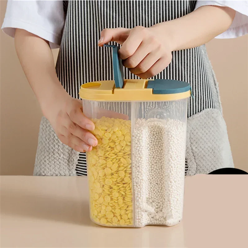 M/L Double Grid Cereals Jar Plastic Food Storage Container Kitchen Organizer Eco Friendly Cookie Box Dried Grains Tank with Lids