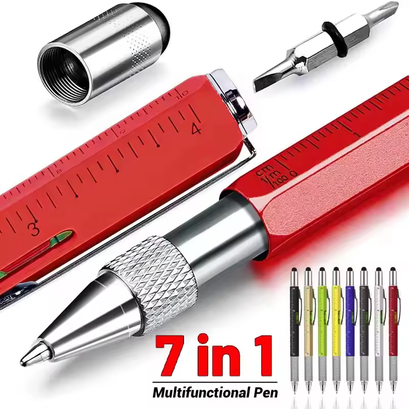 Stylo multifonction 7 en 1, stylet capacitif pour écran tactile, avec tournevis, règle, niveau, crayon à bille rechargeable, outil