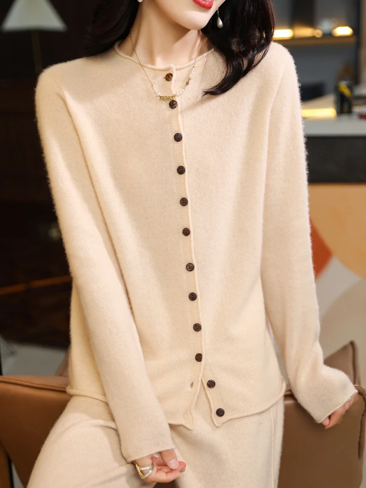 

Женский кардиган из 100% чистой шерсти, однотонный свободный вязаный свитер с воротником-стойкой, теплая осенне-зимняя модная куртка