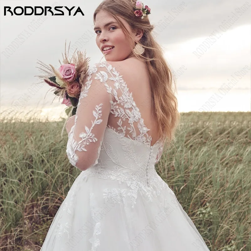 RODDRSYA Plus Size Lange mouw Bruidsjurken Voor Vrouw Strand Bruid Kant V-hals mantel de mariée RODDRSYA Plus size lange mouw trouwjurken voor vrouw strandbruid kant V-hals robe de mariée Tulle A-lijn 2024 bruidsjurken