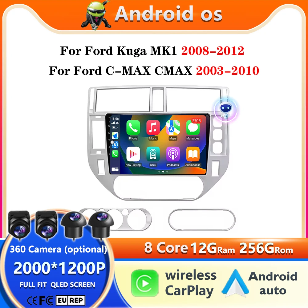 Android 16 For Ford Kuga MK1 2008-2012 For Ford C-MAX CMAX 2003-2010 Car Radio GPS 2k Screen Carplay 4G Wifi Stereo Video DSP BT
