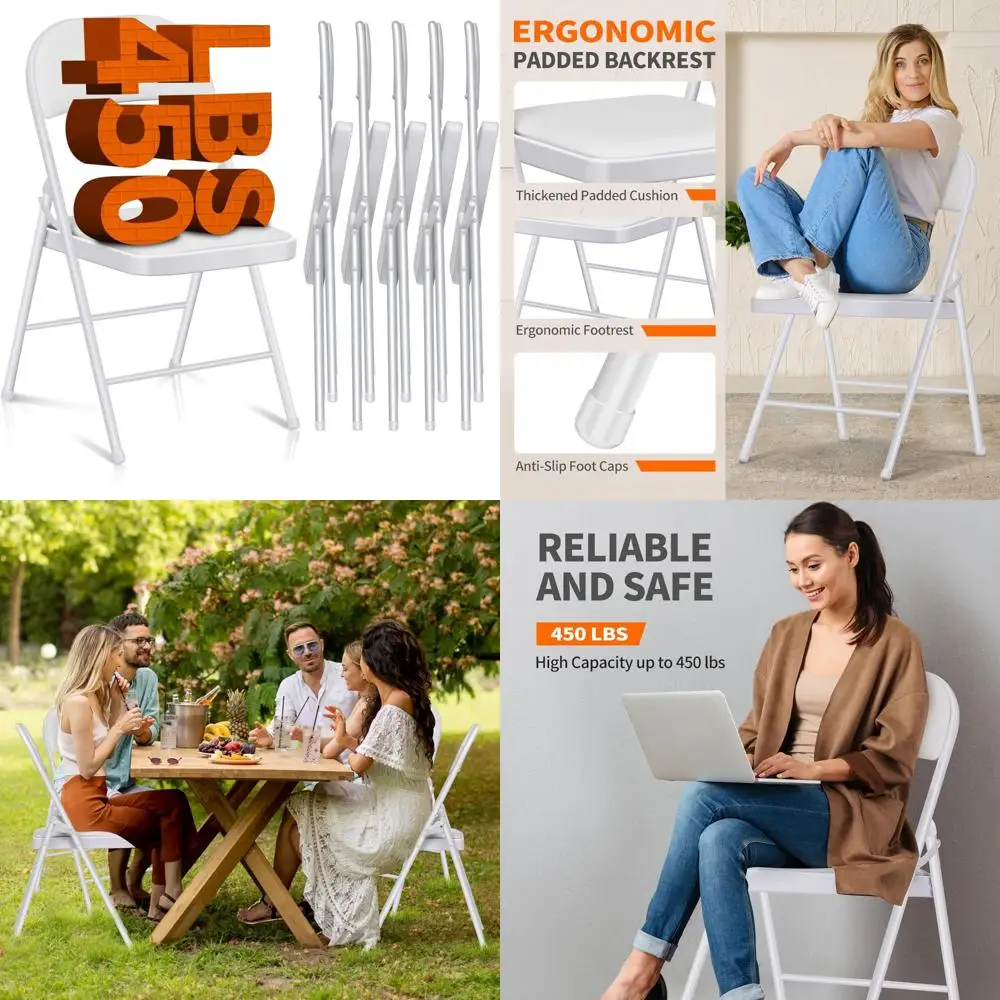 

Padded Memory Foam Folding Chairs - 6 Pack White Space-Saving Indoor Outdoor Chairs for Weddings and Events