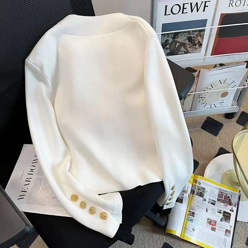 2023 Herfst Elegante V-Hals Vest Trui Voor Vrouwen Gouden Knopen Lange Mouw Gebreide Tops Vintage Mode Chic Dames Jas