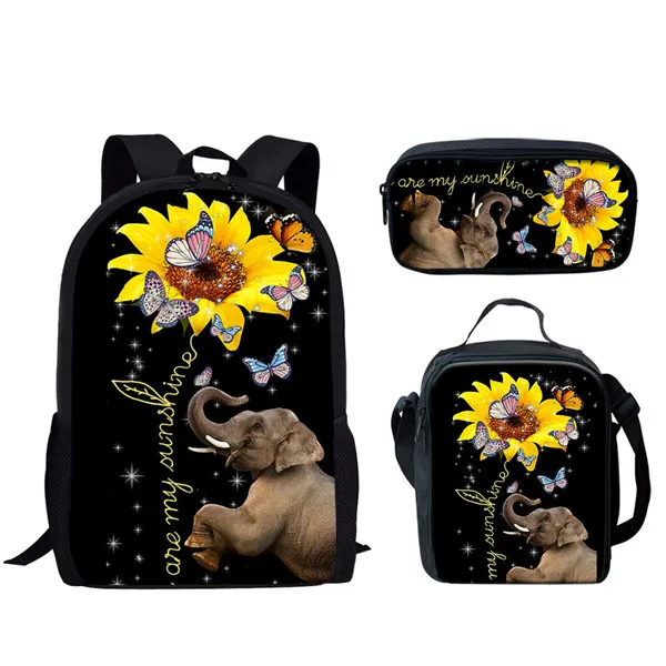 Hewan Sunflowers 3 buah/Set ransel cetak 3D sekolah siswa laki-laki perempuan tas penyimpanan buku Laptop Daypack tas makan siang tas pensil