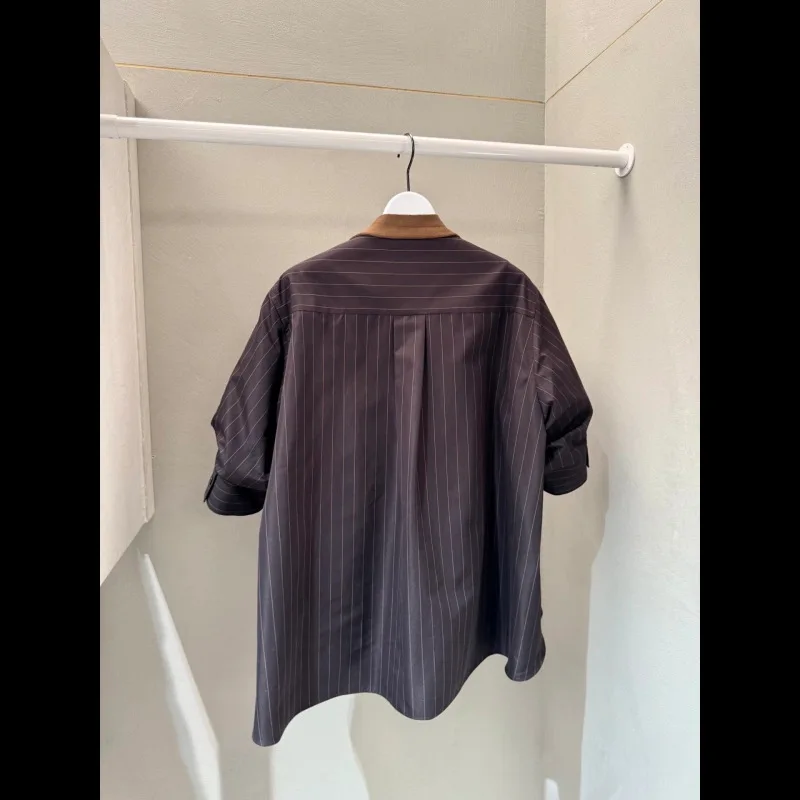 2026 Summer Japanese Style Women Knit Cardigans V Neck Striped Splicing Design Loose Fit Short Sleeve Casual Daily Knitted Tops