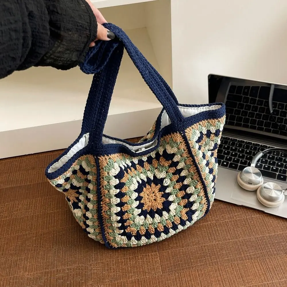 

Вязаная сумка в корейском стиле с ажурным плетением, однотонная плетеная сумка через плечо, сумка-тоут для отпуска, повседневная сумка крючком