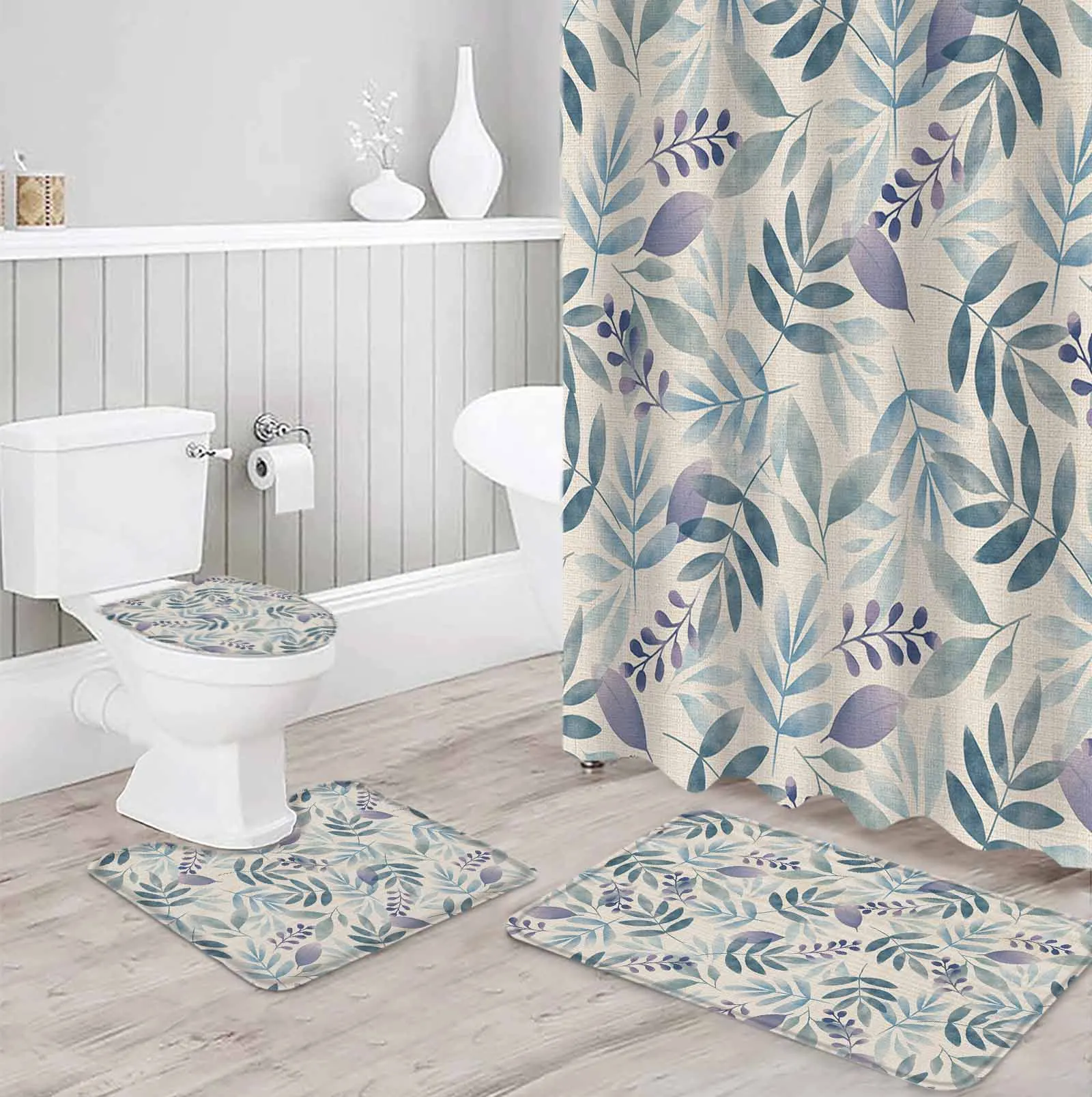 Purple Gray Blue LeavesPolyester printed shower curtain bathroom setluxurious curtainsabstract4-piece setcoral fleece floor mat