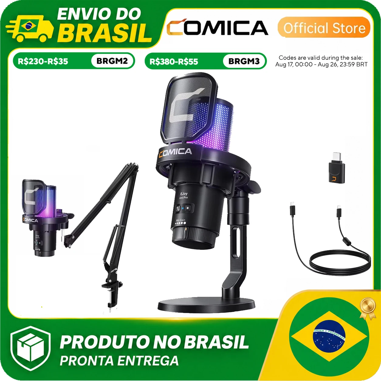 COMICA EJoy Uni Pro Microfone USB sem fio com receptor USB C, microfone condensador RGB para streaming/podcasting/gravação, micr