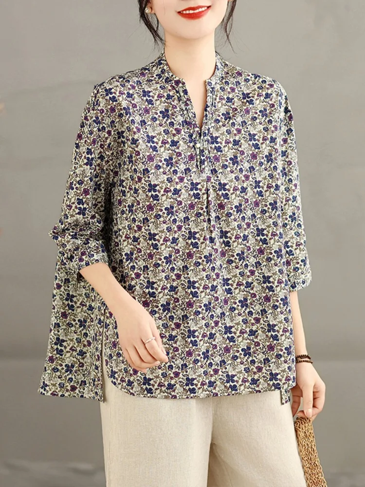 

Retro Anti-Aging Velvet Cotton Floral Shirt Women's Spring Summer Loose Seven-Quarter Sleeve V-Neck Elegant Fashion Top