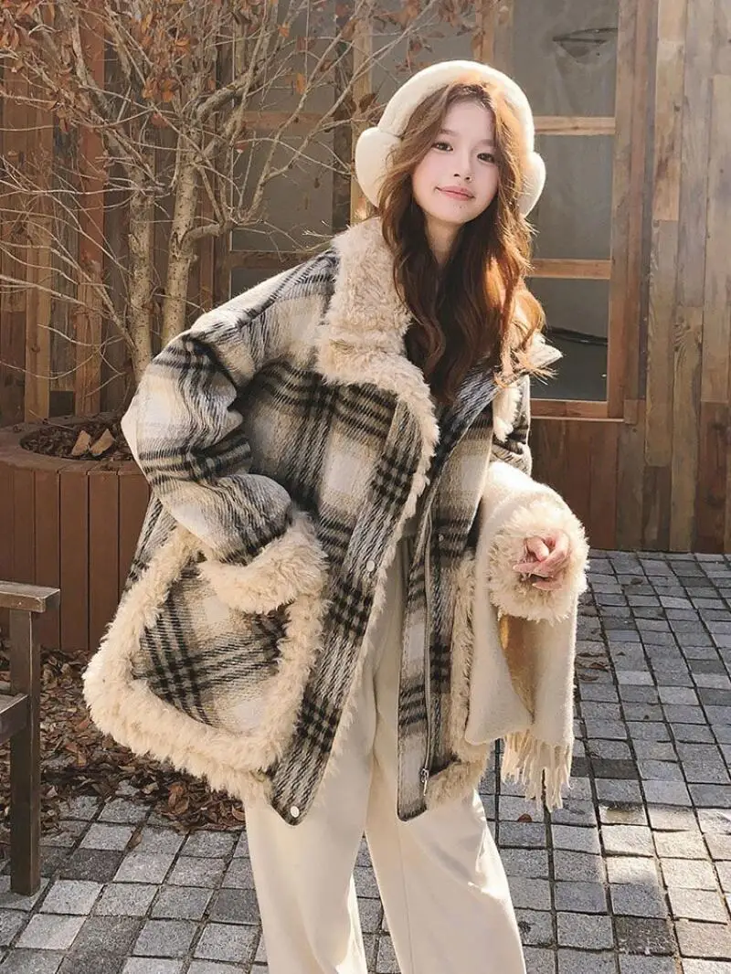 Cappotto invernale da donna Taglie forti Abbigliamento Cappotto in cotone ispessito in pile patchwork scozzese retrò Grasso mm Allentato caldo