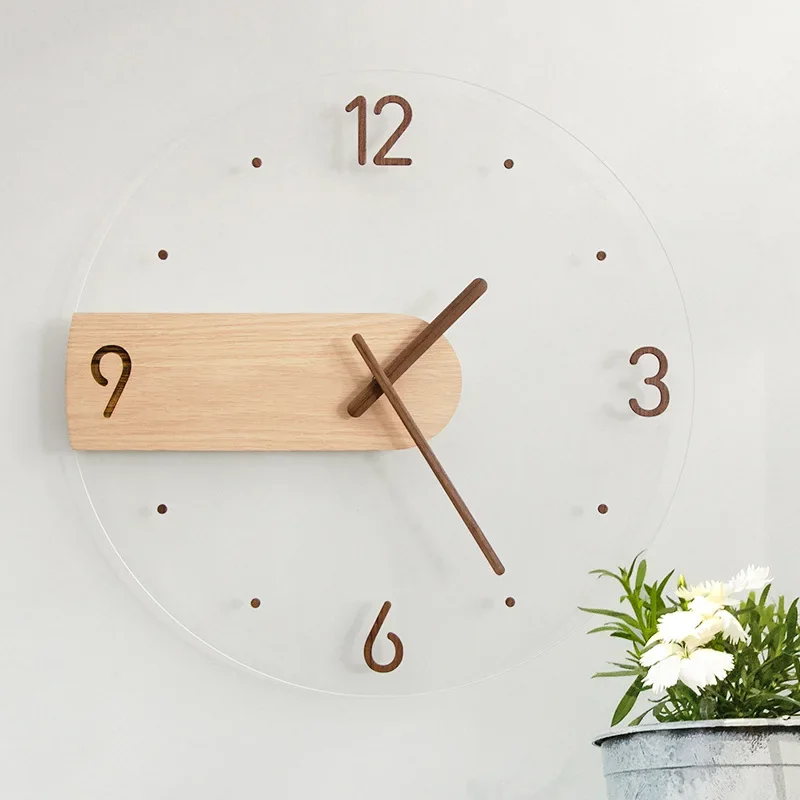 

16 Inches Nordic Simplicity Mute Wall Clock Modern Design Quartz Solid Wood Acrylic Dining Living Room Decoration