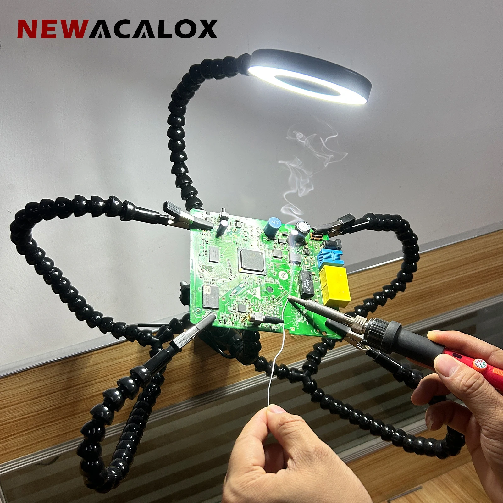 

NEWACALOX Soldering Helping Hands 5 Flexible Arms Third Hand Tool with 3X LED Magnifier for Crafts Jewelry Workshop Station