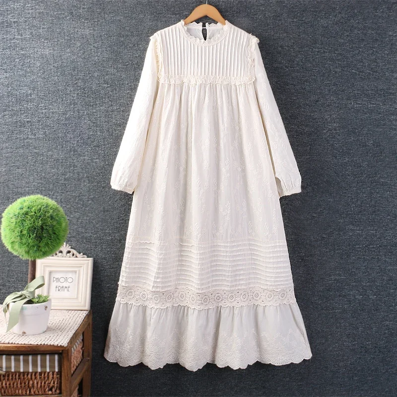 

Women's Casual Loose Pleated Dress, Sweet Mori Girl, Embroidered, Ruffles, O-neck, Long Sleeve, Spring, Autumn