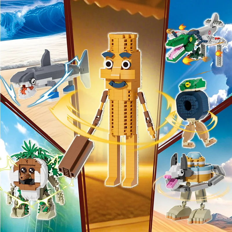 Lustiges Bausteinspielzeug mit Holzstab für Männer – Berg- und Meeresthema, Krokodilhai-Bauspielzeug, Kindergeschenke