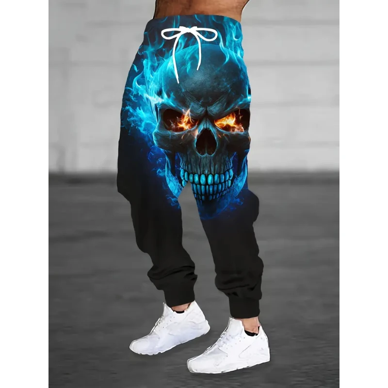 

Men's casual sports pants with drawstring waist, blue flame skeleton 3D printing, winter warm and fashionable street pants