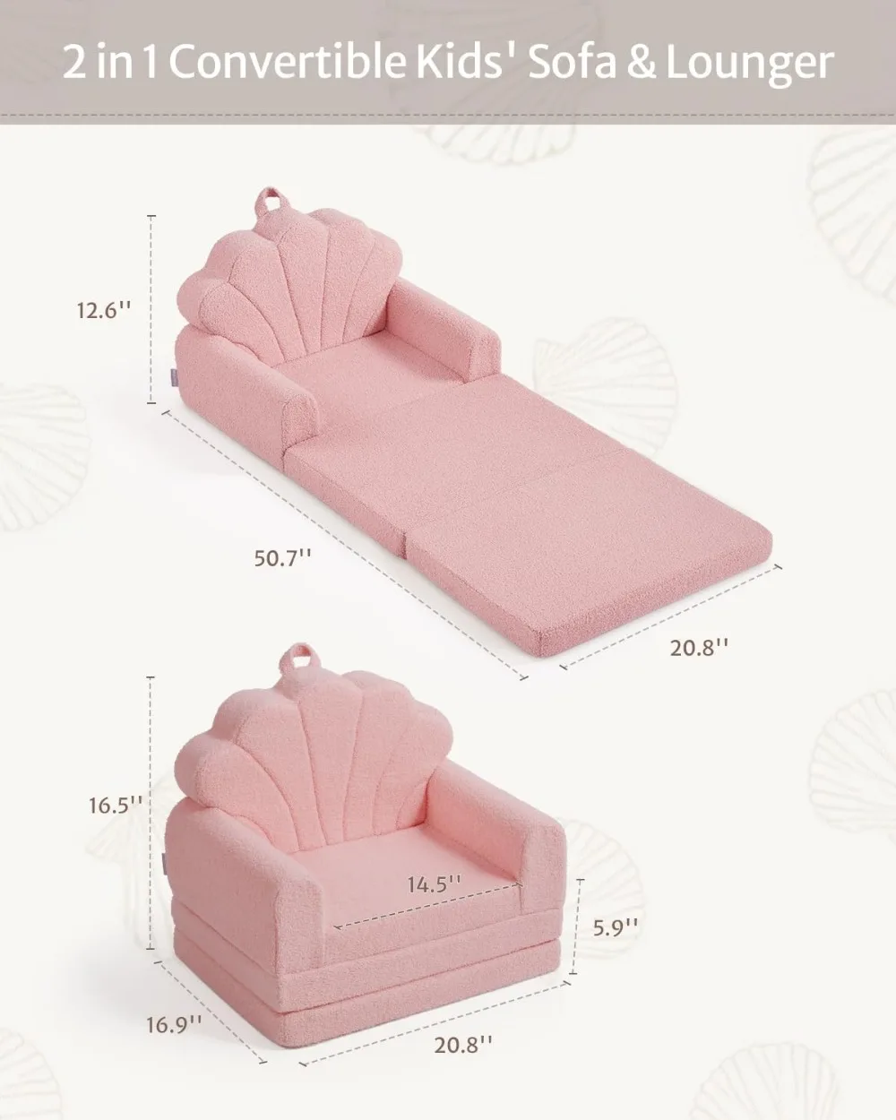 Sofá e espreguiçadeira infantil 2 em 1, sofá conversível para crianças com capa lavável, design de concha rosa macia para sala de jogos