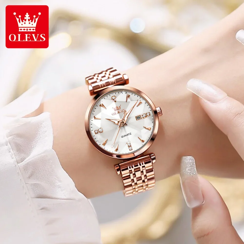 OLEVS 5536 Quartz Luxury Diamond-shapedWatch For Women, Stainless Steel Strap Waterproof Fashion Women Wristwatches Calendar