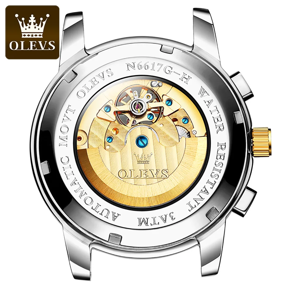 OLEVS-6617 Relógio mecânico automático de luxo para homens, fase lunar, impermeável, luminoso, calendário, week display, relógios de pulso masculinos originais