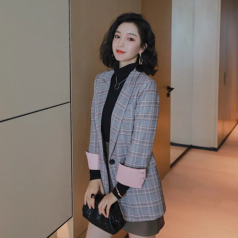 Women Vintage Chic Casual Blazer Work Clothing Grey Office Lady Long Sleeve Single Button Slim Suits England Style Plaid Blazers