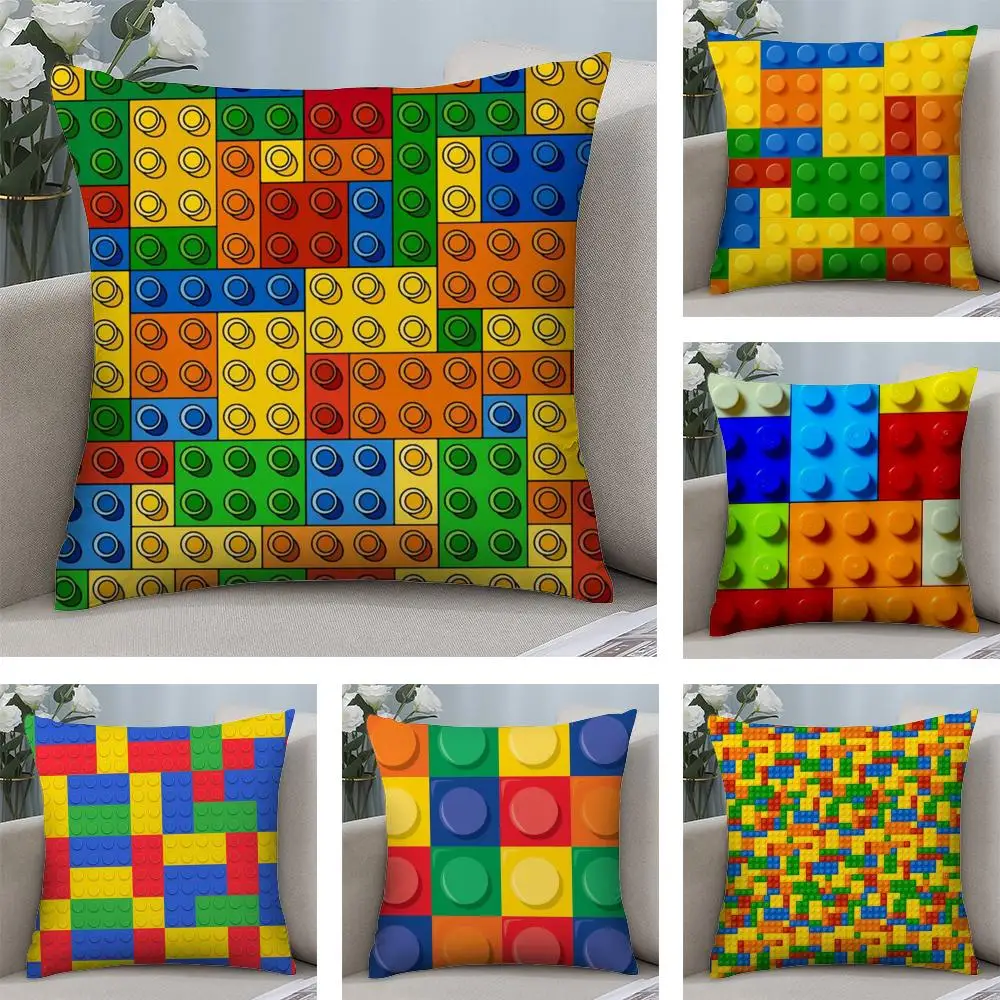 Building Blocks Deco Cushion Cover Soft Plush Fabric Double-Sided Printed Sofa Cushion Cover for All Seasons Home Decor Gift