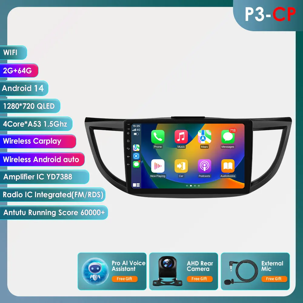 Hizpo 10.1 "2 Din Autoradio Carplay voor Honda CRV 2012-2016 Android 13 GPS Navigatie Multimedia Speler Audio Stereo SWC BT 4G