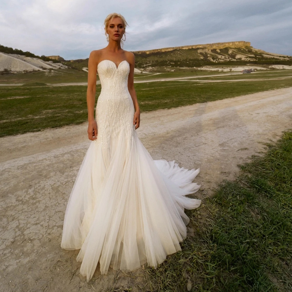 Vestidos de novia bohemios de sirena sin tirantes con lentejuelas brillantes, Vestido de novia para novia, Vestido Formal bohemio personalizable