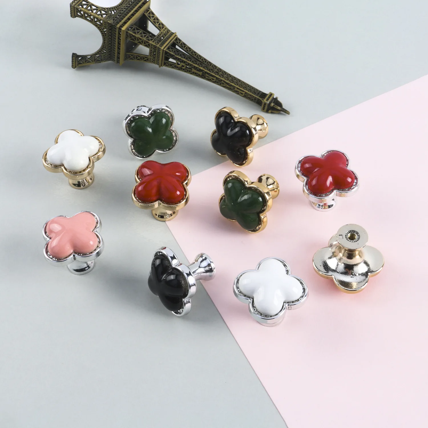 Four-leaf clover ceramic handle modern cabinet wardrobe door single hole drawer solid wood cabinet plastic seat
