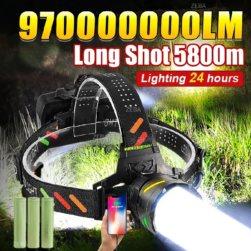 970000000LM Ultra Powerful LED Headlamp Super Bright Rechargeable Led Headlight Long Range 5800m Fishing Hunting Head Lantern