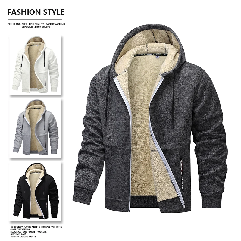 

Winter Lambswool Zip Up Hoodies Men Thick Warm Fleece Lined Jackets Polar Zipper Sweatshirts Casual Sports Coats Hooded Men Coat