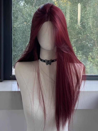 Imagen 2 del producto Peluca roja, peluca con malla frontal larga y recta para mujer, pelucas de encaje sintético natural para Cosplay, uso diario, pelucas con diadema resistentes al calor